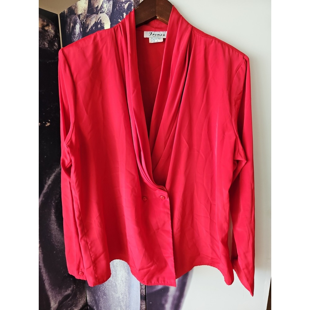 FRENZO Women's Vintage Pleated V Neck Long Sleeve Red Blouse Button Shirt L AD01